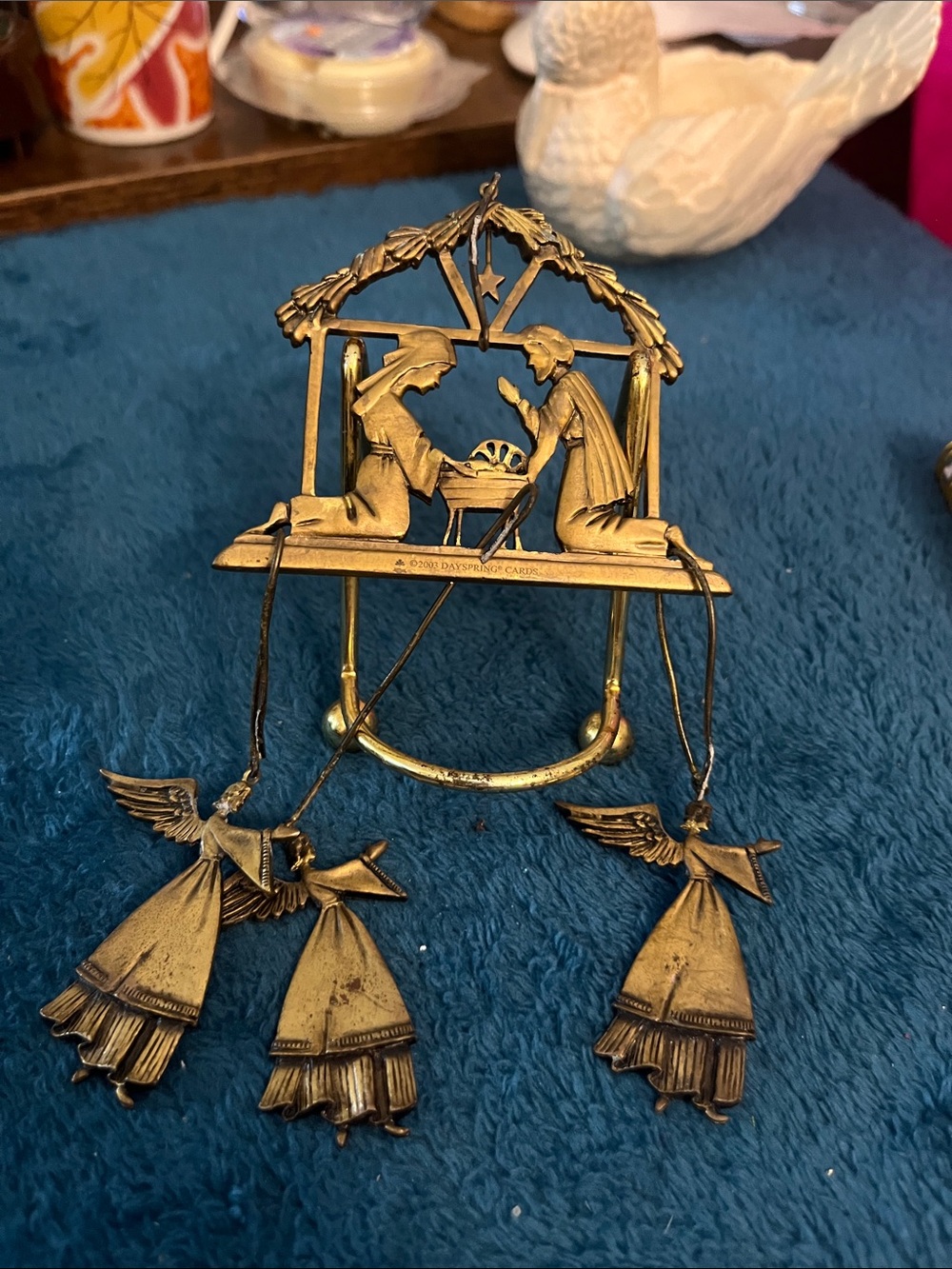 Brass-Toned Nativity Wall Hanging with Angel Dangles 041
